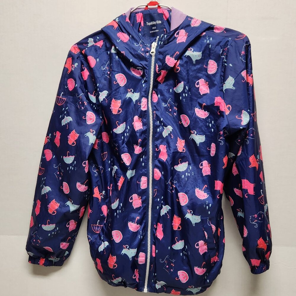 Top and Sky Kids Lined Rain Jacket Lightweight Hooded Cat Pattern Large